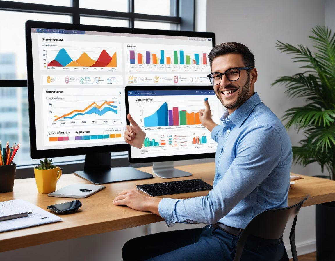 A sleek laptop screen displaying a stunning presentation slide, filled with vibrant charts, graphs, and templates. The background features a modern, stylish office setting with motivational posters and clean design elements. Multiple browser tabs showcasing various web-based presentation tools like Canva and Google Slides. A person in smart casual attire is excitedly pointing at the screen. Vector art. vibrant colors.