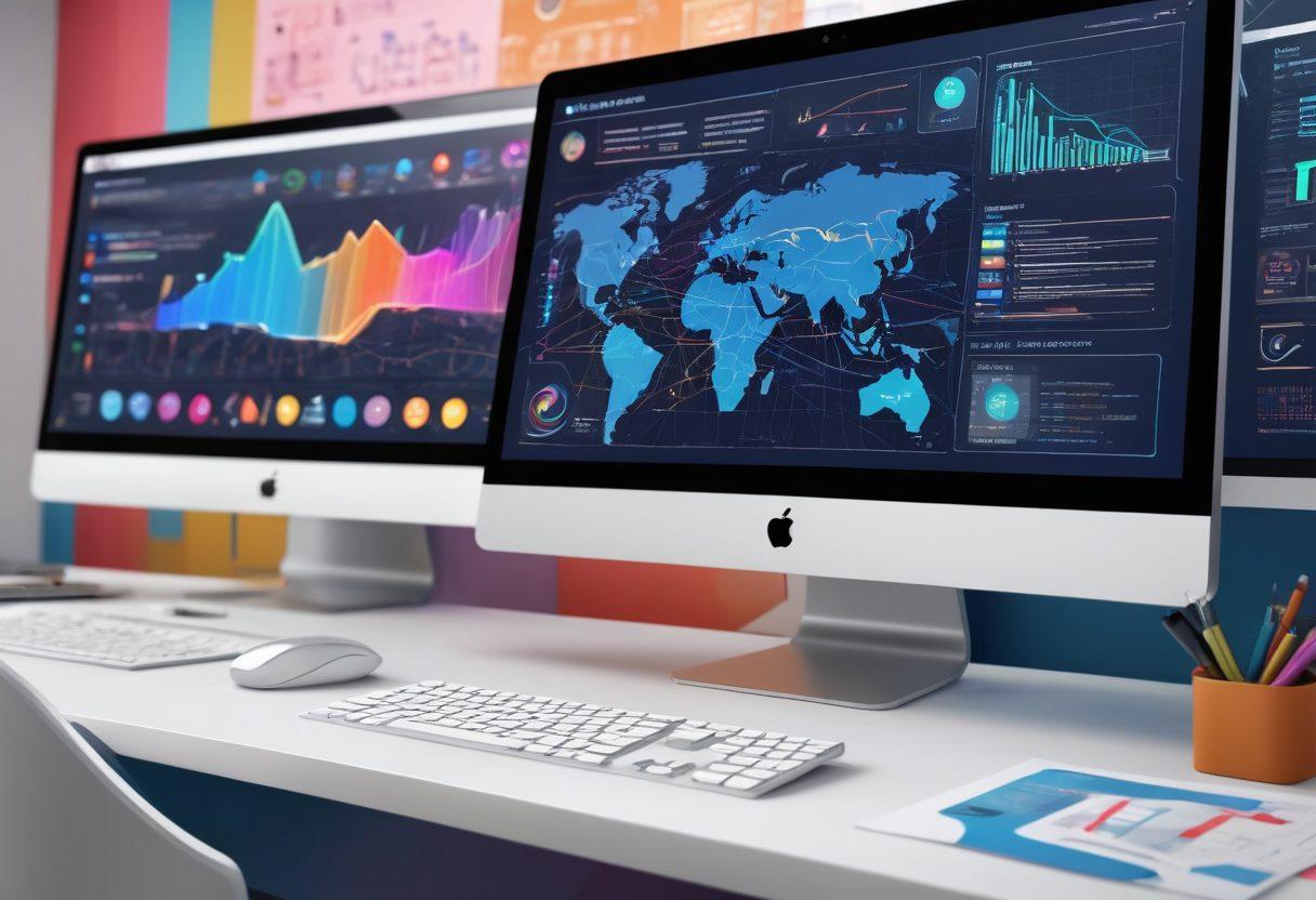 A vibrant digital workspace showcasing various web slide maker tools and design resources. The central theme should be a computer screen displaying a stunning slide deck, surrounded by creative tools like icons, graphs, and templates. Flowing from the screen are abstract lines connecting to symbols of creativity and collaboration. The background should hint at a global digital transformation. super-realistic. vibrant colors. modern style.