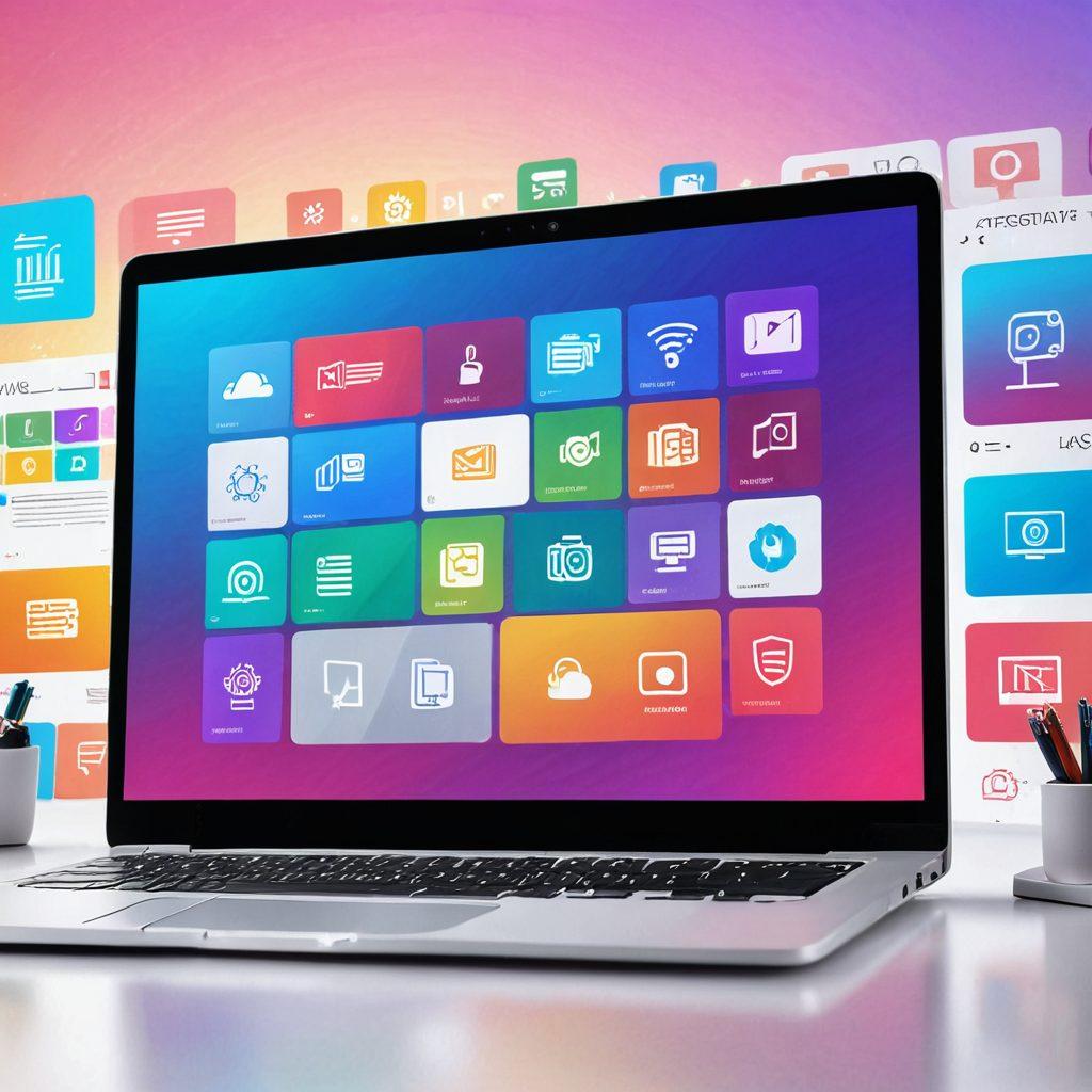 A dynamic and visually engaging laptop screen displaying a vibrant, animated slideshow filled with colorful templates and sleek design elements. Surround this scene with various digital tools like icons of top presentation software (e.g., PowerPoint, Google Slides), and a mix of modern creative assets like charts, infographics, and playful fonts. The background should be a light gradient to add depth. vector art. vibrant colors. clean and modern style.